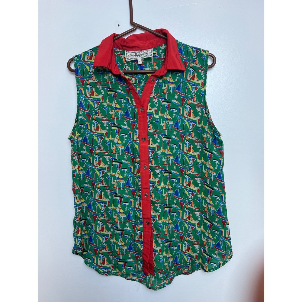 Pink Martini Sleeveless Button Up Blouse Women's L Green Sailboat Print Resort‎